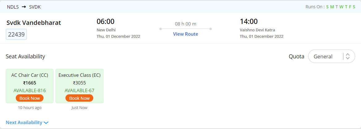 fare 22439 svdk vandebharat