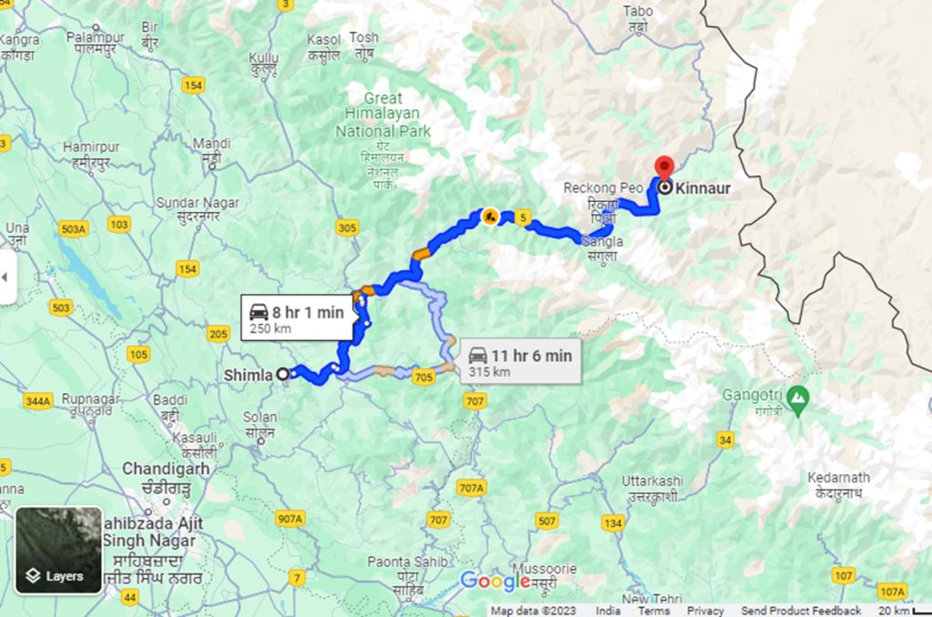 distance shimla to Kinnaur