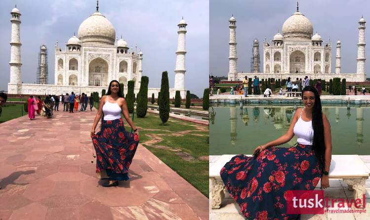 Tusk Travel guest admiring the beauty of Taj Mahal during Agra sightseeing on 7 Days Golden Triangle Tour.