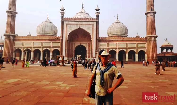 Tusk Travel guests visiting Jama Masjid during Delhi sightseeing on 6 Days Golden Triangle Tour.