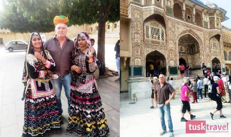 Tusk Travel guests experiencing Jaipur sightseeing with a local guide on 6 Days Golden Triangle Tour.