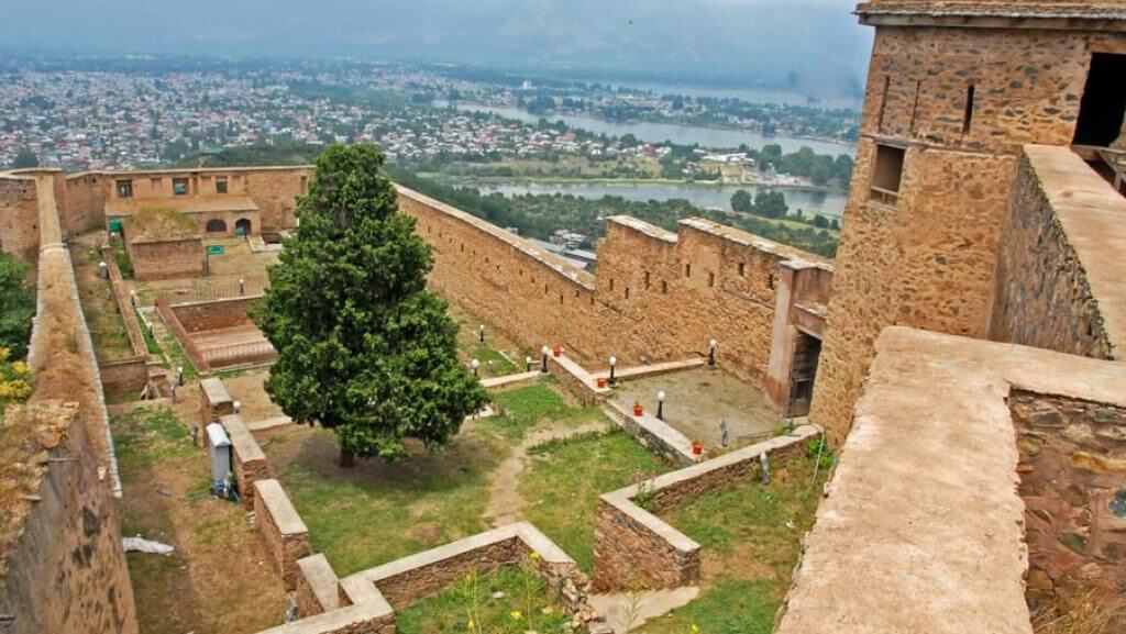 Hari Parbat Fort Srinagar on a hilltop with old city and mountain views