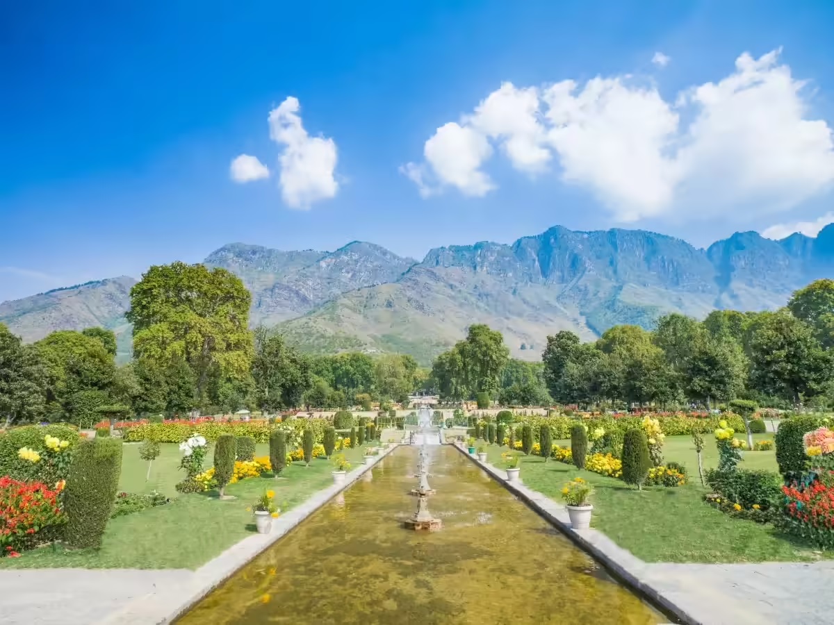Shalimar Bagh Srinagar with Mughal garden terraces, fountains and chinar trees